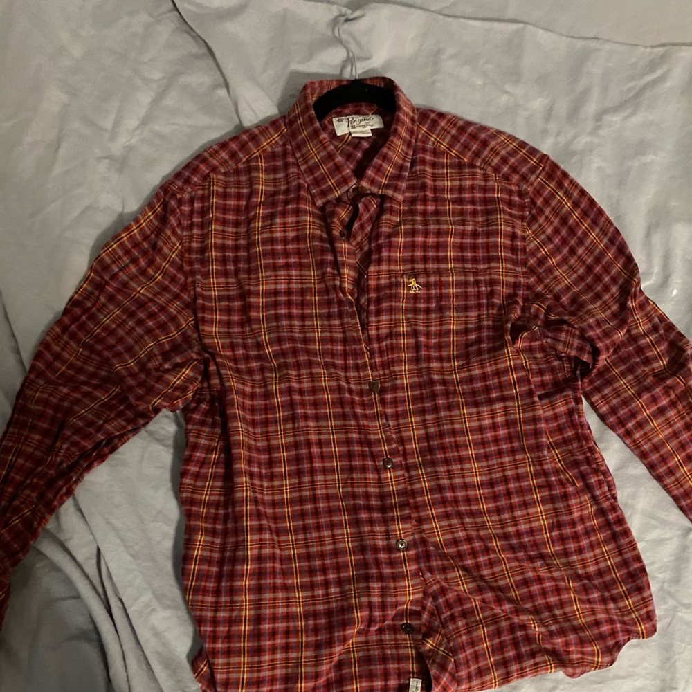 Red plaid Penguin long sleeve button up - large